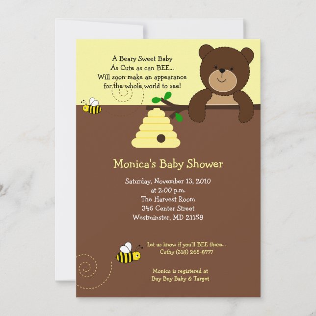 Inbjudan till Beary Sweet Bear & Bee Baby Shower (Framsida)