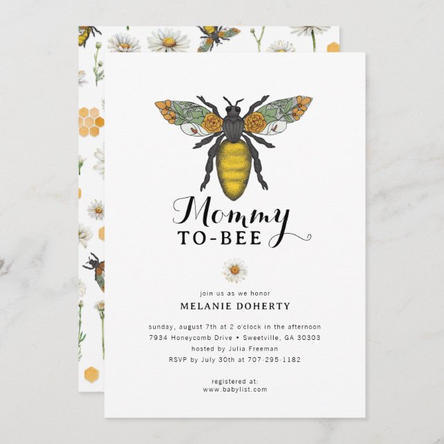 Inbjudan till Bee Baby Shower | WildblommBlommigt  (Fram/baksida)