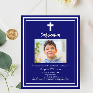 Inbjudan till bekräftelse av marin blå fotopojke
