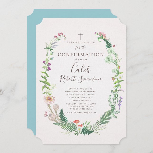 Inbjudan till bekräftelse av vild Woodland Flowers (Fram/baksida)