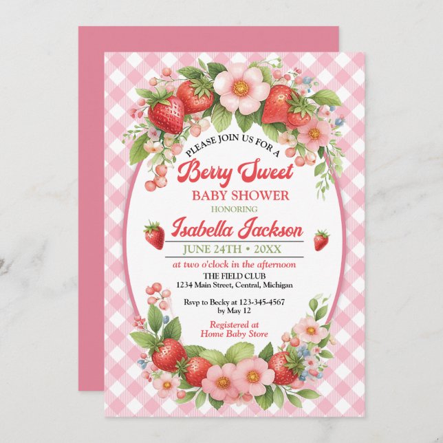 Inbjudan till Berry Sweet Girl Baby Shower (Fram/baksida)