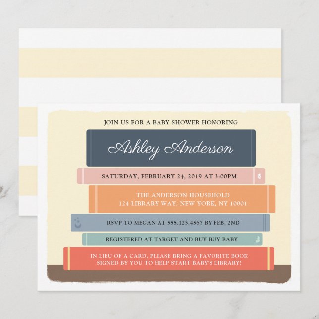 Inbjudan till Bibliotek-babyskor för bok-tema (Fram/baksida)