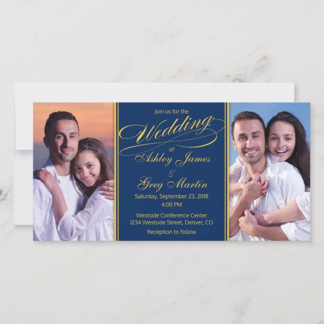 Inbjudan till billigt Navy Guld Photo Collage Wedd (Framsida)