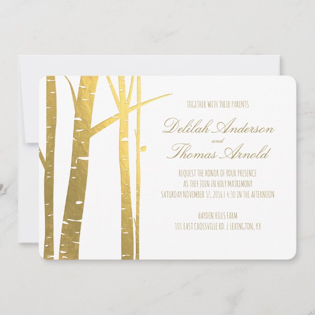 Inbjudan till Birch Träd Faux Gold Foil Wedding (Framsida)