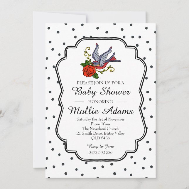 Inbjudan till Bird Rockabilly Baby Shower Inbjudan (Framsida)