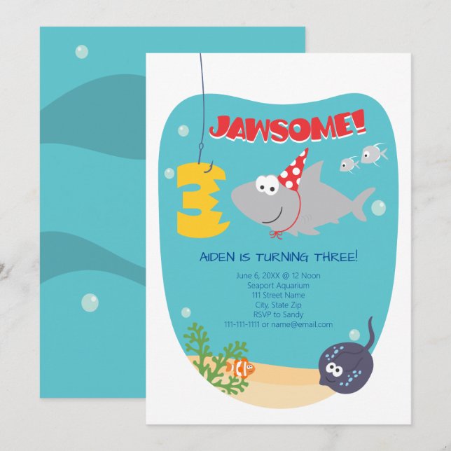 Inbjudan till Bita av haj tredje födelsedag (Fram/baksida)