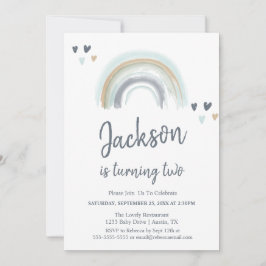 Inbjudan till blå boho-regnbåge-fest för 2-årsdag