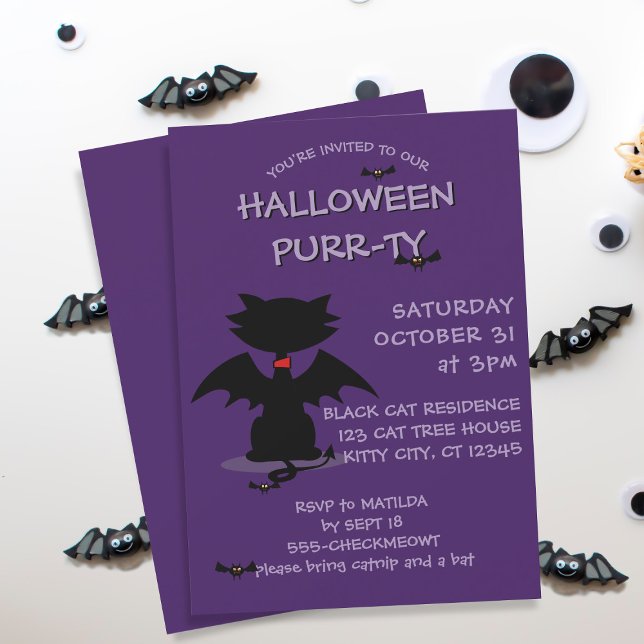 Inbjudan till Black Cat Fladdermus Lila Halloween  (It's the black cat's favorite time of the year and is ready to party. Add the details of yours!)
