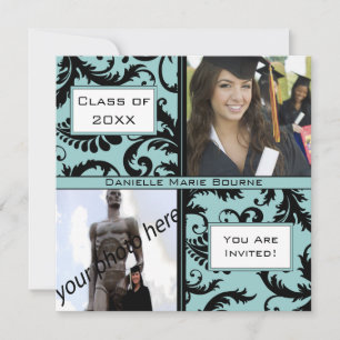 Inbjudan till Black Damask Aqua Blue Studenten