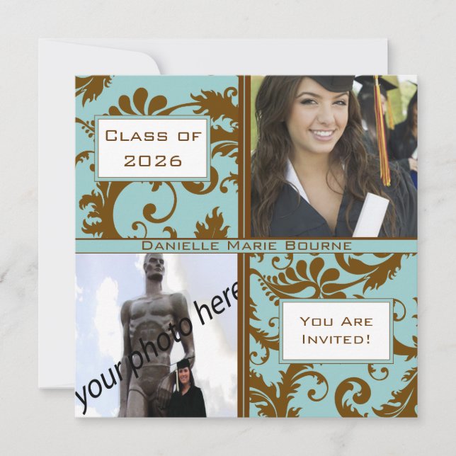 Inbjudan till Black Damask Aqua Blue Studenten (Framsida)