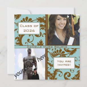 Inbjudan till Black Damask Aqua Blue Studenten
