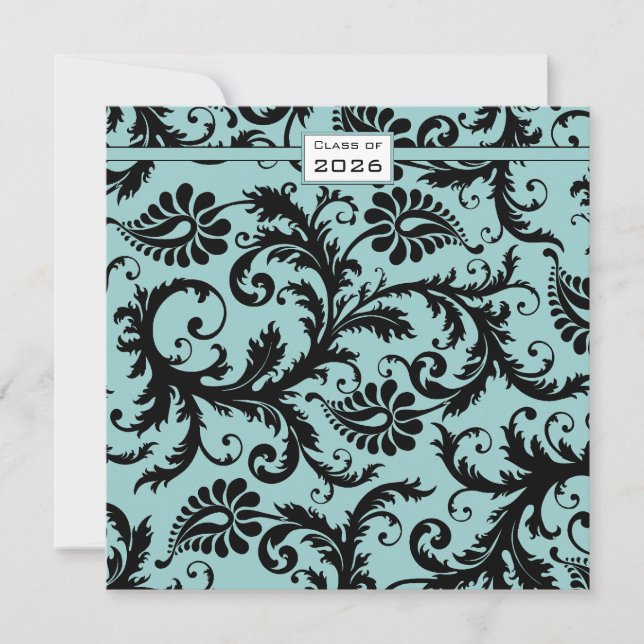 Inbjudan till Black Damask Aqua Blue Studenten (Framsida)