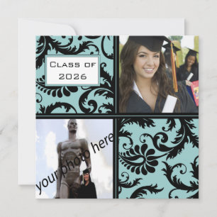 Inbjudan till Black Damask Aqua Blue Studenten