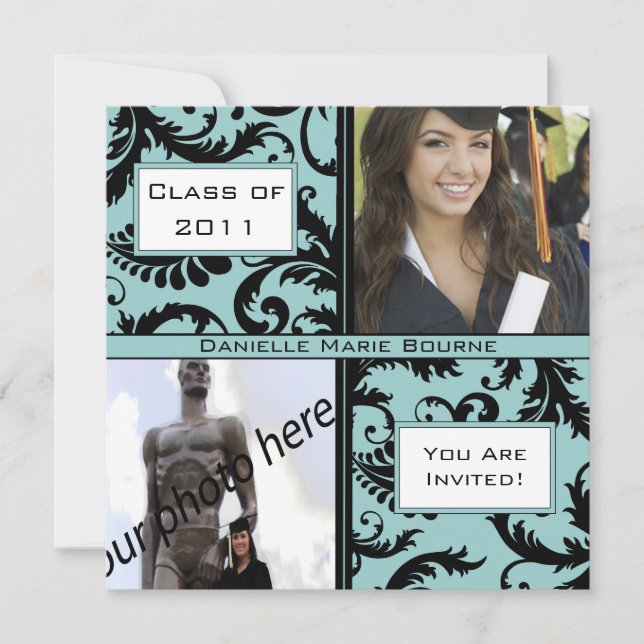 Inbjudan till Black Damask Aqua Blue Studenten (Framsida)