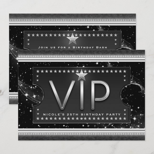 Inbjudan till Black & Silver Chic Glam VIP Biljett (Fram/baksida)