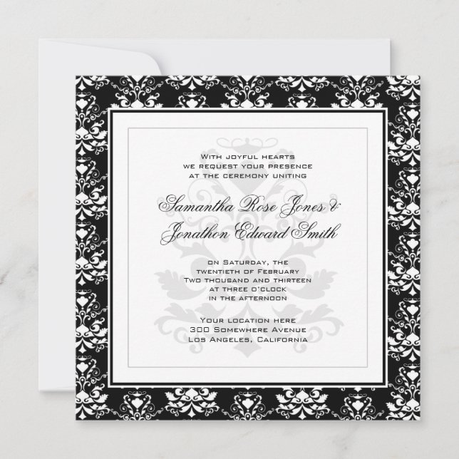 Inbjudan till Black & White Damask Elegant bröllop (Framsida)
