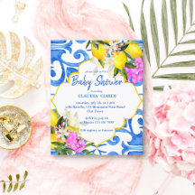 Inbjudan till Blåplattor, citron och babydusch