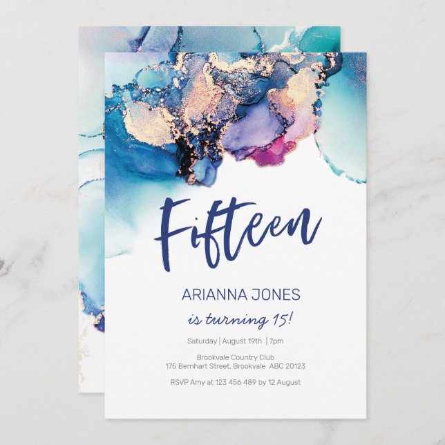 Inbjudan till blått Abstrakt, 15:e födelsedagsfärg (Fram/baksida)