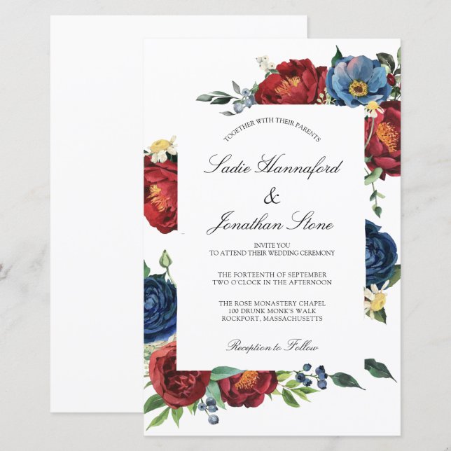 Inbjudan till Blått Burgundy Red Wedding från budg (Fram/baksida)