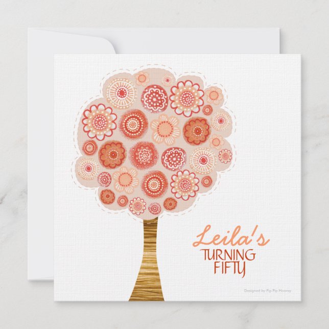 Inbjudan till Blommar Träd i Orange 50 Födelsedags (Framsida)