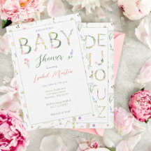 Inbjudan till blommigt Alphabet Baby Shower