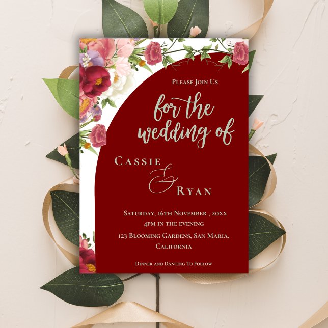 Inbjudan till Blommigt av arch-bröllop med romanti Magnetisk Inbjudningskort (Romantic Red Peach Floral Arch Wedding Invitation)