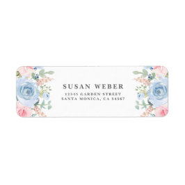 Inbjudan till blommigt av blått och  rosa returadress etikett