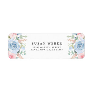 Inbjudan till blommigt av blått och  rosa returadress etikett