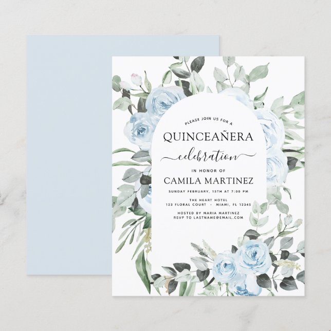 Inbjudan till Blommigt av budgetdammsuga blå Quinc (Fram/baksida)