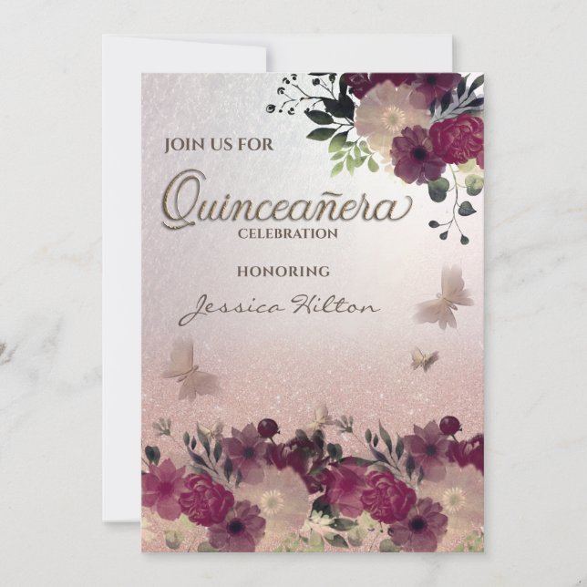 Inbjudan till blommigt av fjärilsträdgård Quinceañ (Framsida)