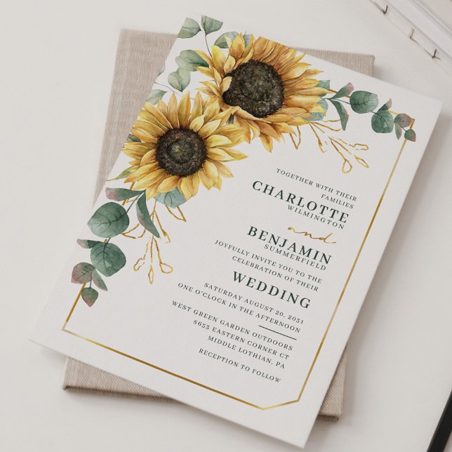 Inbjudan till Blommigt av solrosolja Eucalyptus-br (Sunflower Eucalyptus Greenery Bloom Modern Wedding Invitation)