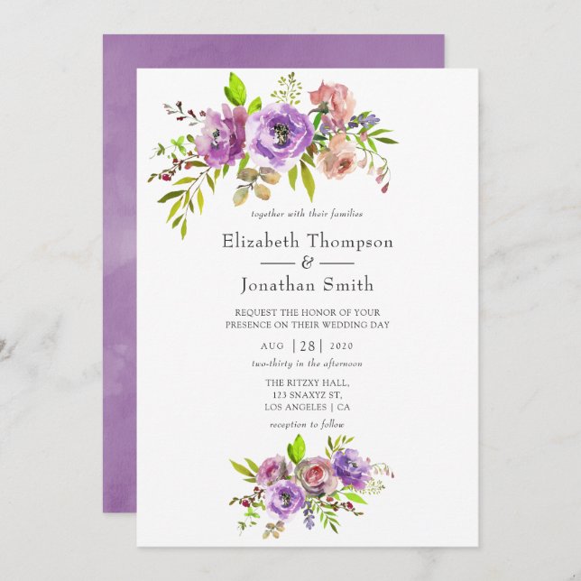 Inbjudan till Blommigt av vattenfärg i vår bröllop (Fram/baksida)