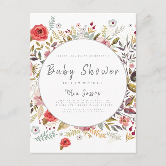 Inbjudan till blommigt Baby Shower Flicka (Framsida)