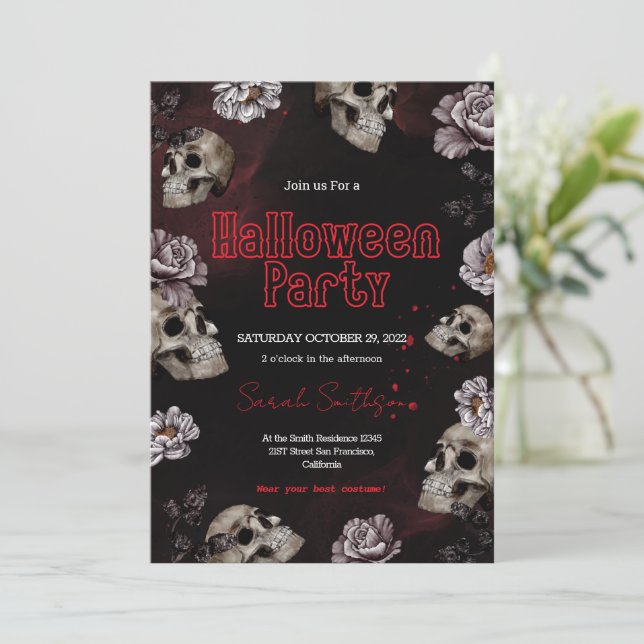 Inbjudan till blommigt Blood Skull Halloween fest (Stående Fram)