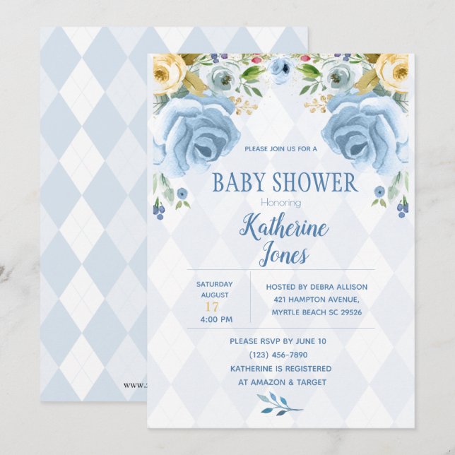 Inbjudan till blommigt Blue Diamond Pojke Shower (Fram/baksida)