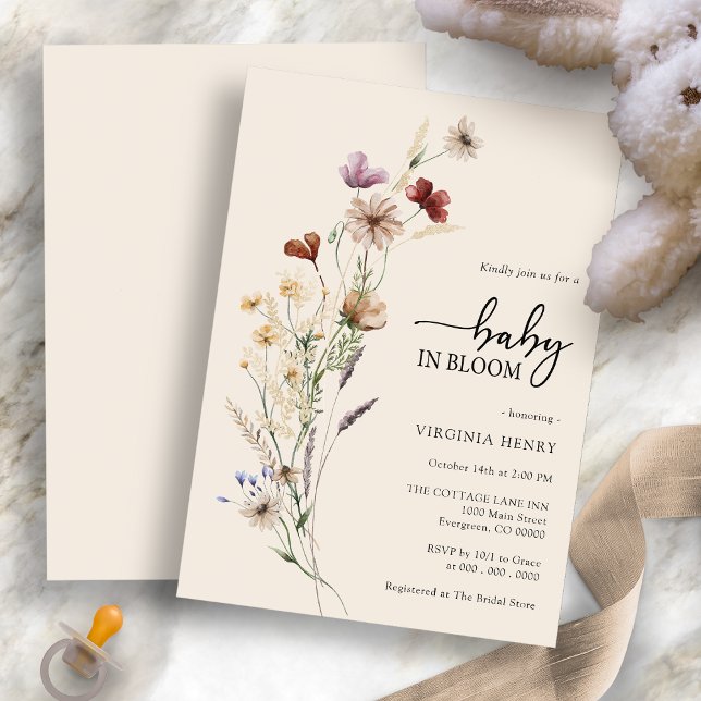 Inbjudan till blommigt Boho Baby Shower (Floral Boho Wildflower Baby Shower Invitation by Painted Paperie
)
