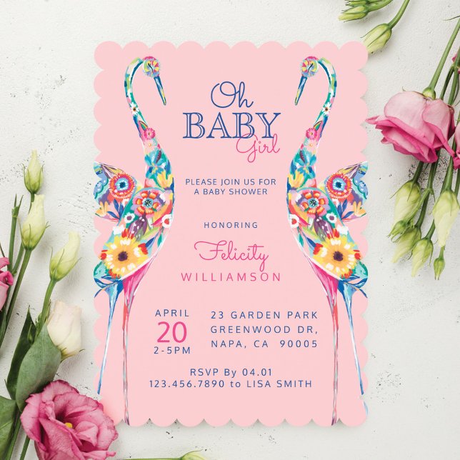 Inbjudan till Blommigt Botanical Stork Flicka Show (Floral Botanical Stork Baby Girl Shower Invitation)