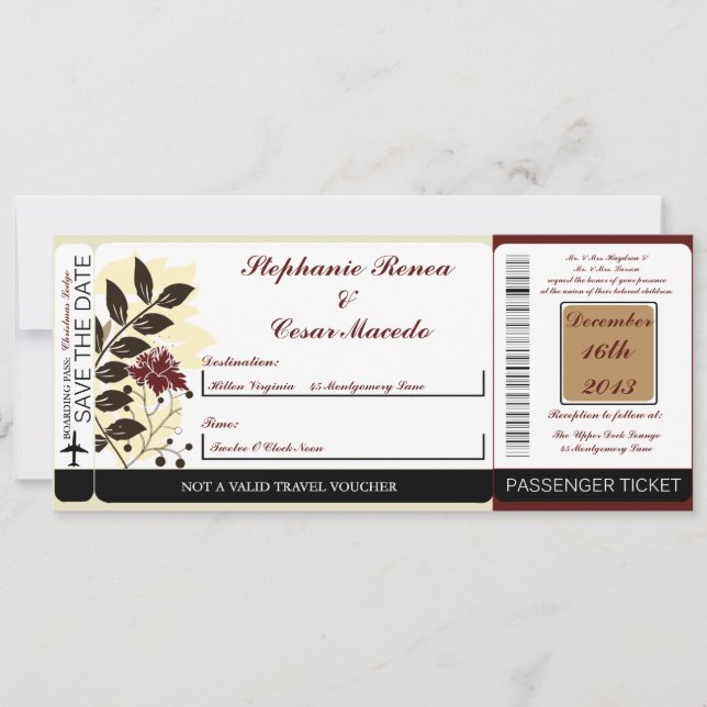 Inbjudan till Blommigt/Branc Boarding Pass Wedding (Framsida)
