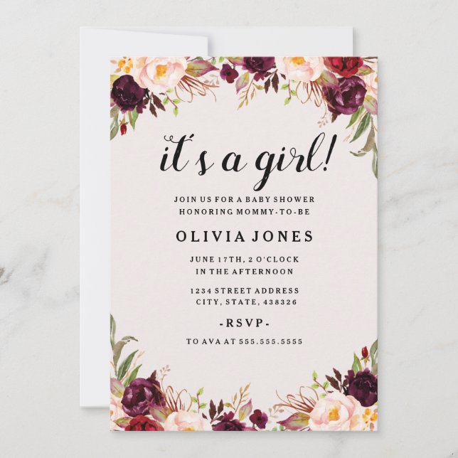 Inbjudan till blommigt Burgundy Rosa Baby Shower (Framsida)