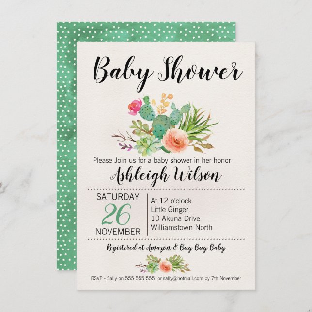 Inbjudan till blommigt Cactus Baby Shower (Fram/baksida)