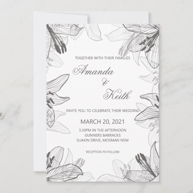 Inbjudan till blommigt Classic Black & White Weddi (Framsida)