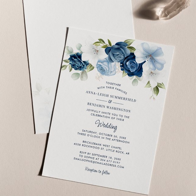 Inbjudan till blommigt Dusty Blue Budget Wedding (Dusty Blue Floral Watercolor Wedding Invitation)