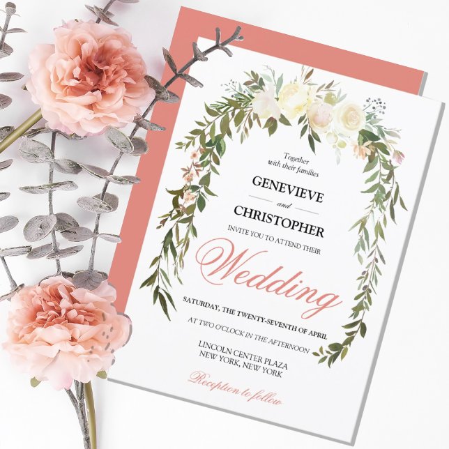 Inbjudan till Blommigt Elegant bröllop för korallv (ELEGANT PEACH FLORAL ARCH WEDDING INVITATION
)