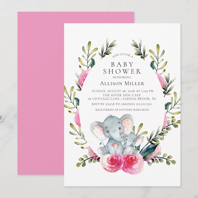 Inbjudan till blommigt Elephant Baby Shower (Fram/baksida)