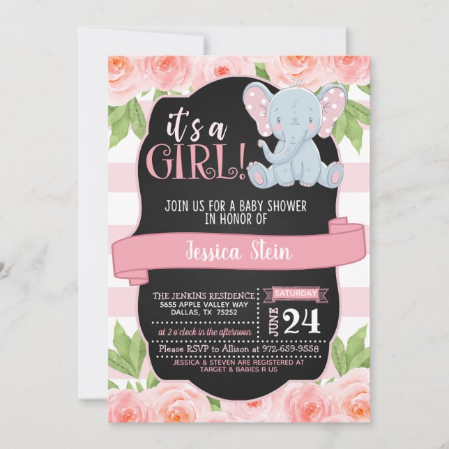 Inbjudan till blommigt Elephant Baby Shower - Girl (Framsida)