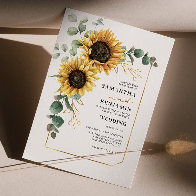 Inbjudan till blommigt Eucalyptus Solrosbröllop (Sunflower Eucalyptus Elegant Botanical Wedding Invitation)