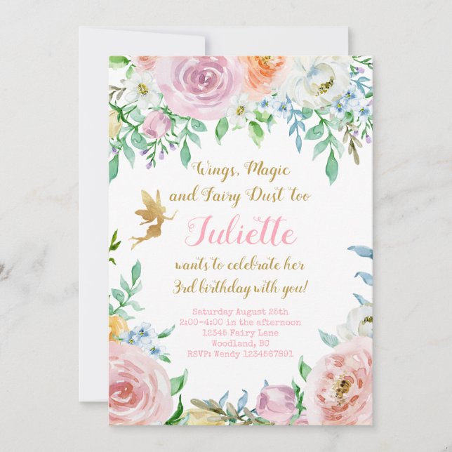 Inbjudan till blommigt Fairy Party, mejeriinbjudan (Framsida)