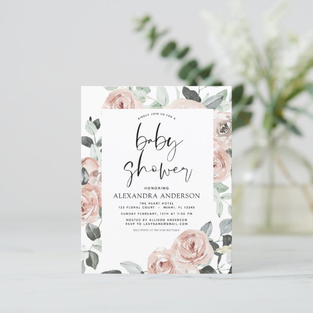 Inbjudan till Blommigt för  av Rosa för bebisdusch (Stående Fram)