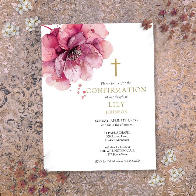 Inbjudan till Blommigt för bekräftelse av vattenfä (Watercolor Pink Floral Confirmation Invitation Postcard)