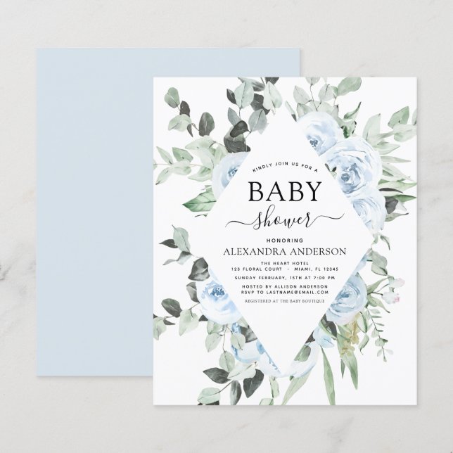 Inbjudan till Blommigt för budgetblått babyblått b (Fram/baksida)